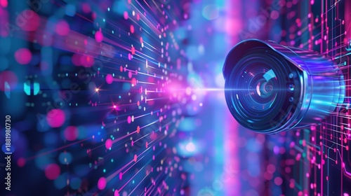 3D render of AI security camera with visible neural network layers emanating from lens, geometric data nodes, machine learning algorithm visualization, abstract tech background