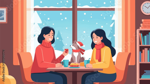 Two women and a dog sit at a table indoors on a snowy day
