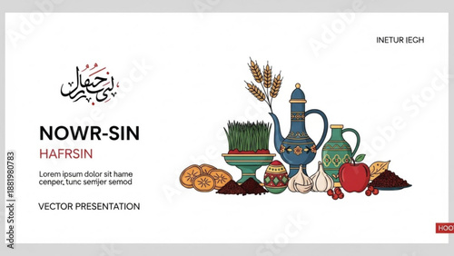 Nowruz celebration items with traditional persian elements and food