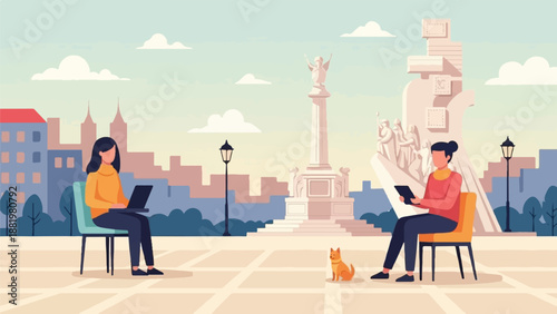 Two women and a dog sit outdoors in a city square, using digital devices