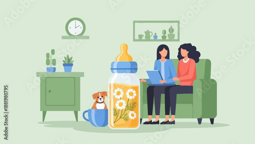 Two women sit on a couch next to a baby bottle filled with flowers