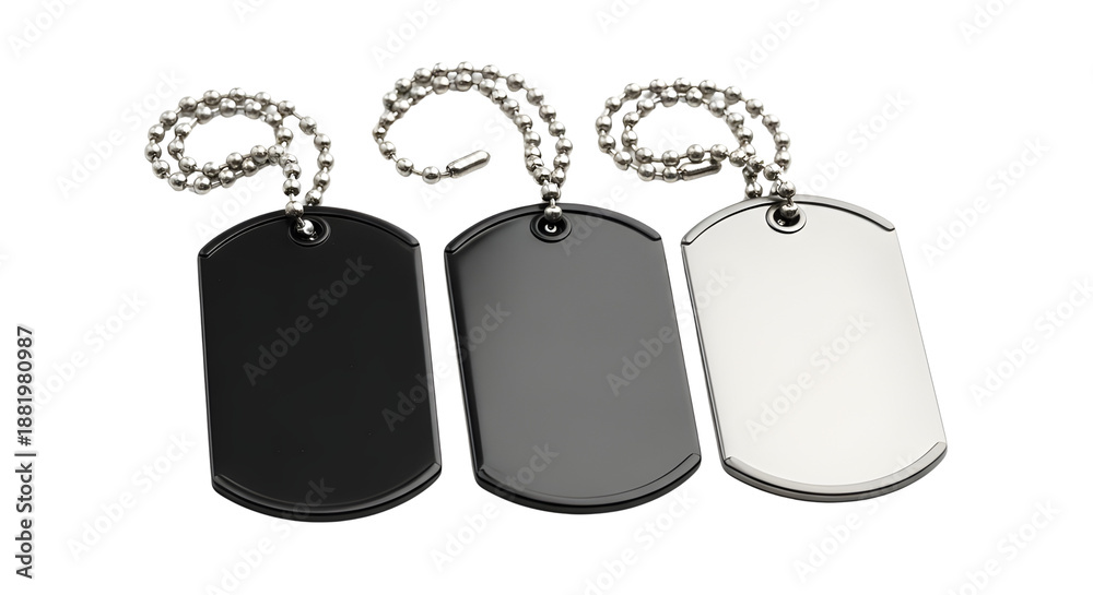 Fototapeta premium Set of Three Metallic Dog Tags with Black, Grey, and Silver Finishes, Product Shot isolated PNG with Transparent Background