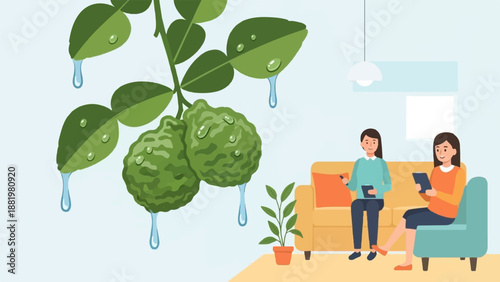 Two women sit on couches in a room with a plant, a kaffir lime branch with water drops hangs nearby