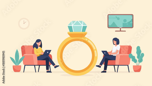 Two women sit on couches using laptops with a giant diamond ring between them