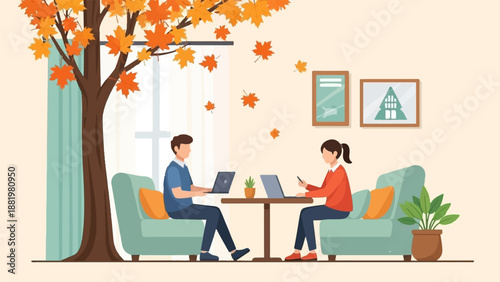 Two people work remotely on laptops in a cozy room with autumn foliage