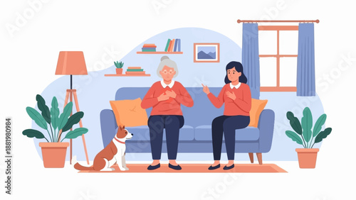 Two women and dog in a living room, engaging in conversation