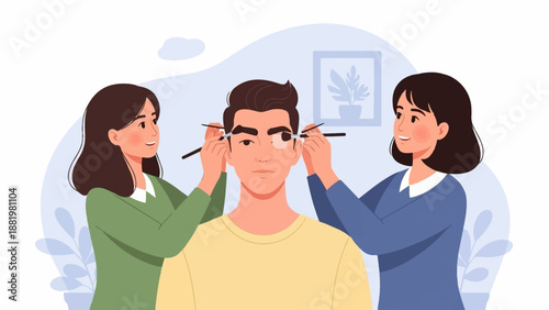 Two women apply makeup to a man's face with brushes, close-up