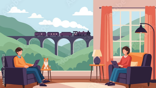 Two people work remotely from home with a scenic train view
