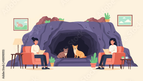 Two women and two dogs relax in a surreal cave-like living room
