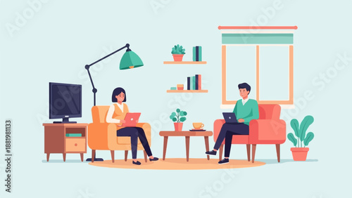 Two people work remotely from comfy chairs in a modern living room