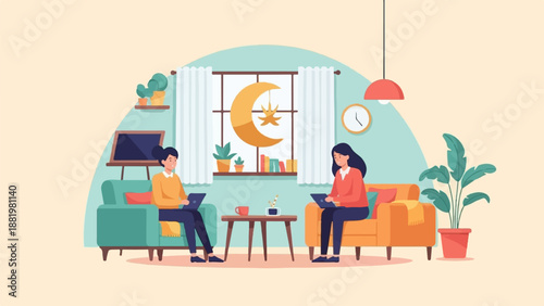 Two women sitting on sofas, working on laptops in a cozy living room