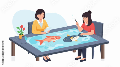Two women are looking at drawings of fish on a table