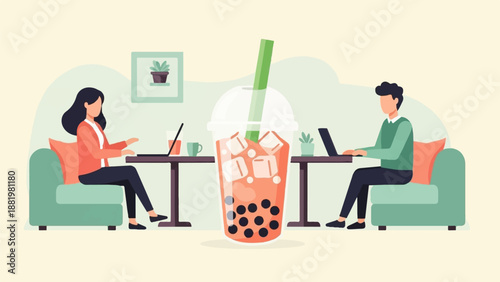 Two people work remotely from comfortable seating area with a large bubble tea drink