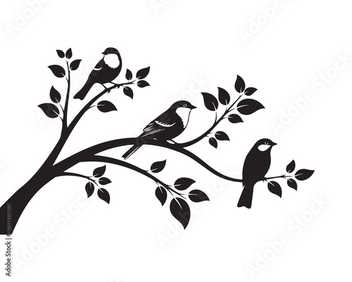Three birds perched on a leafy tree branch silhouette