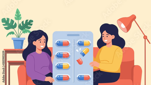 Two women discuss a blister pack of colorful pills in a cozy room