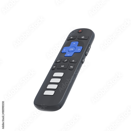 Photos perspective of a sleek black remote control, highlighting blue directional buttons and side keys