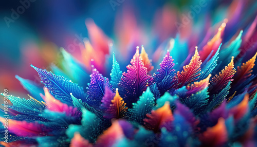 A vibrant display of abstract leaves in various colors, showcasing intricate details and textures. The scene captures a blend of blue, pink, and purple hues, creating a unique visual experience.
