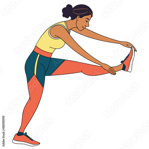 Athletic Female Runner Doing Warm Up Exercises Stretching Before Workout Fitness and Marathon Training Vector Illustration