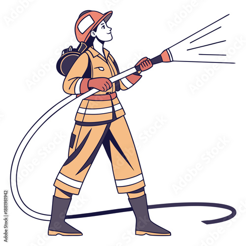 Heroic Female Firefighter Holding Fire Hose Emergency Service and First Responder Brave Woman Hero Vector Illustration