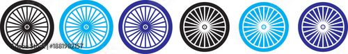 Bicycle wheel icon. Colorful vehicle wheel icon set isolated on white. Side view bicycle illustration with visible pedals and wheels. Bike Rides, Sport Symbols, and Transport Icons for Healthy Adventu