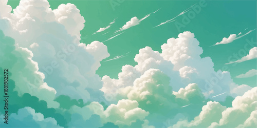 Beautiful blue sky with fluffy white cumulus clouds on a bright sunny day creating a peaceful heaven and clear summer nature cloudscape environment