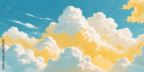 Beautiful bright sun shining through white fluffy cumulus clouds in a clear blue summer sky creating a peaceful heavenly atmosphere with natural sunlight