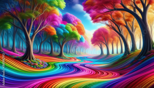A winding river flows through a landscape filled with trees displaying bright, colorful leaves. The scene features rich hues of red, orange, pink, and blue, creating a whimsical atmosphere.
