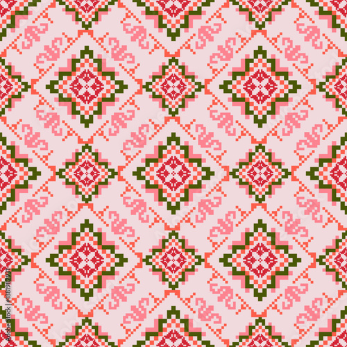 Seamless geometric pattern . pixel pattern. Design for clothing fabric textile ornamentation embroidery Hand stitched pattern . cultural stitching pixel art , Cross stitch pattern