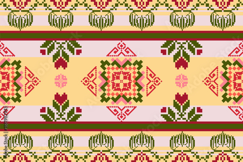 Seamless geometric pattern . pixel pattern. Design for clothing fabric textile ornamentation embroidery Hand stitched pattern . cultural stitching pixel art , Cross stitch patter