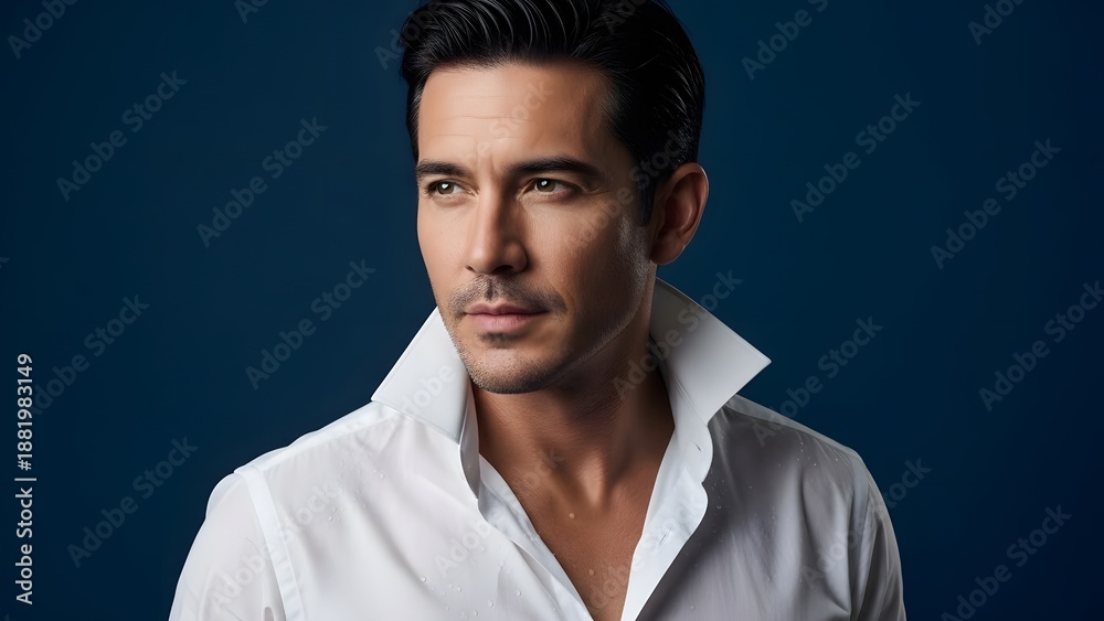 Obraz premium A handsome man in a white shirt against a dark blue background