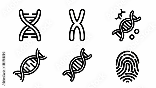 DNA structures and fingerprint icons depicted in simple line art style illustrations