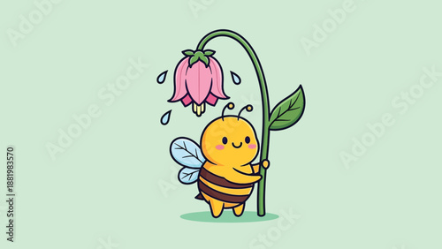 Adorable cartoon bee holding a pink flower with gentle raindrops.
