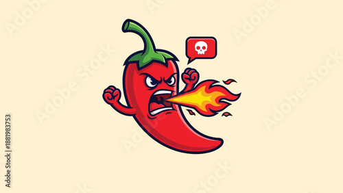 Angry Red Chili Pepper Breathing Fire Cartoon Illustration.