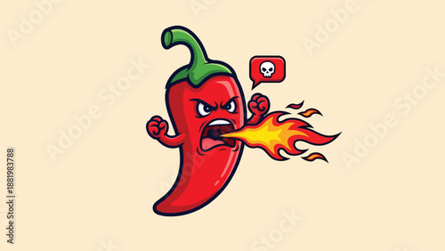 Angry Red Chili Pepper Mascot Breathing Fire with Skull Warning.