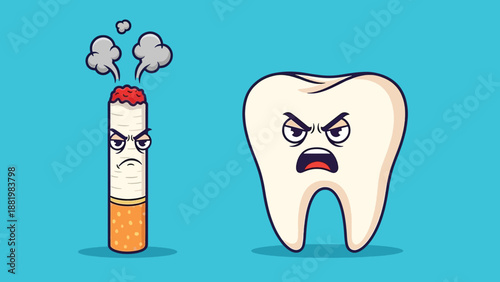 Angry Tooth and Smoking Cigarette Cartoon Illustration.