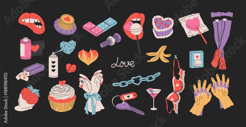 Vintage set stickers of Valentine's Day and Love. Colorful design of collection romantic elements and symbols. Cartoon funky doodle pack for daily planner, scrapbooking, print, decoration, card