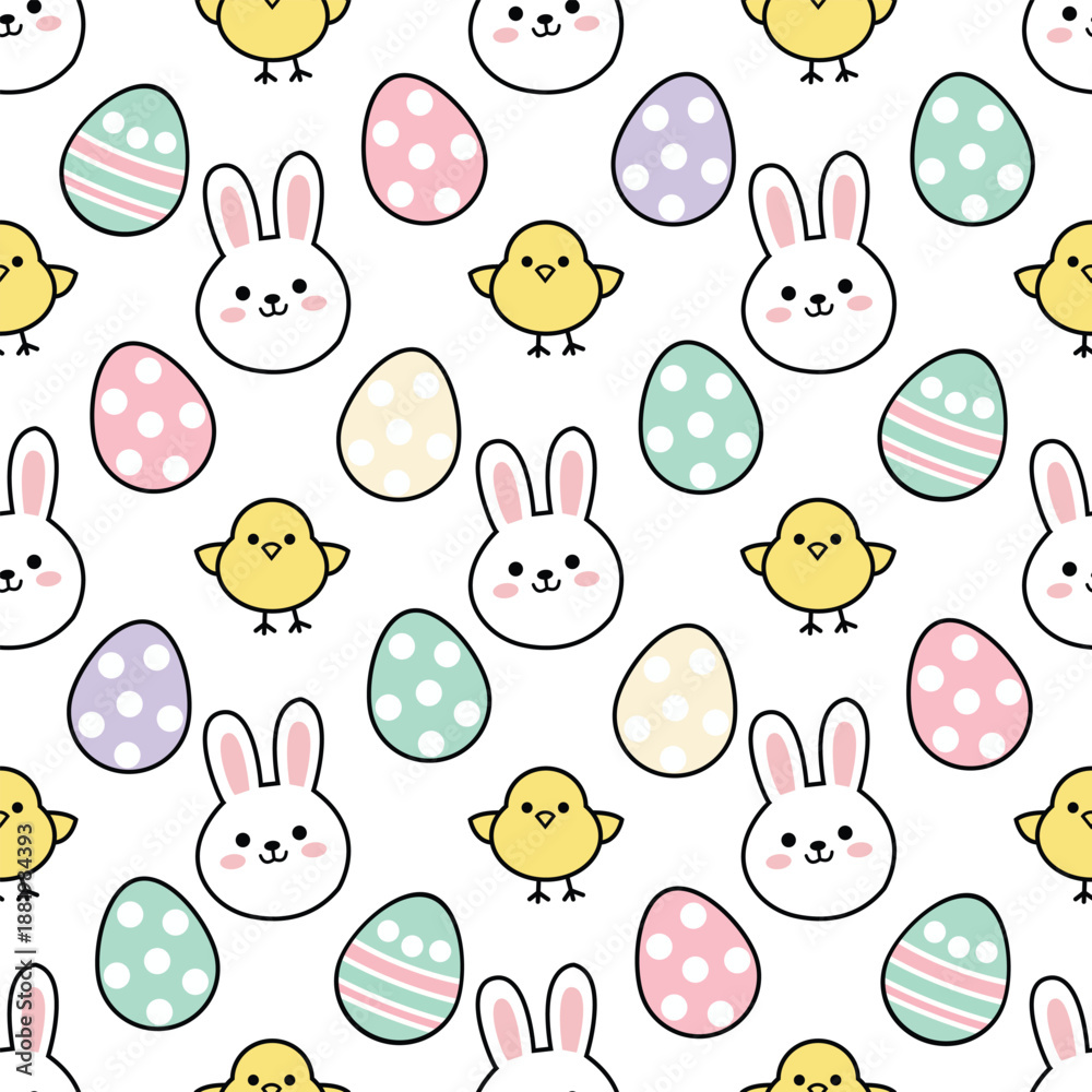 Obraz premium Playful Easter Seamless Pattern with Bunnies, Chicks, and Eggs for Easter Day Celebration