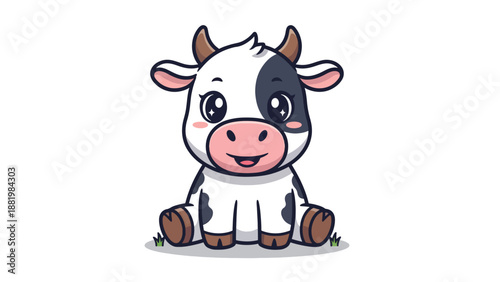 Cute Cartoon Cow Sitting Happily on White Background.