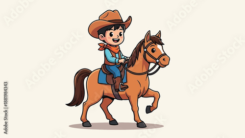 Cute cartoon cowboy riding a horse illustration.