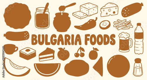 Bulgaria food icons set with hand drawn banitsa, cheese and honey in a brown doodle style. A vector collection for a restaurant menu, European travel guide and traditional culinary branding.