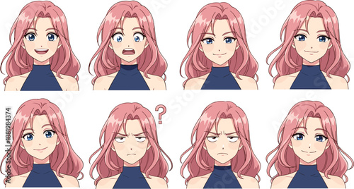 Anime pink-haired girl expressions, blue eyes sprite sheet, emotion icon grid, cute manga reaction bundle, character design reference asset