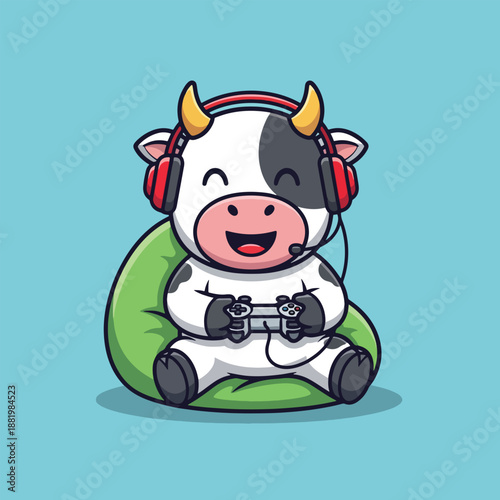 Cute Cow Playing Video Game on Bean Bag Chair.