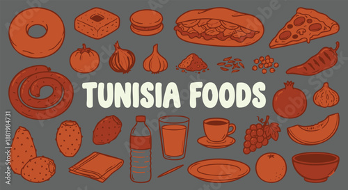 Tunisia foods vector collection of hand drawn sausage, pizza and vegetables in an orange doodle style. An icon illustration set for a restaurant menu, travel guide and culinary branding.