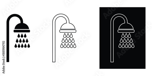 Three variations of shower head icons in black and white with water droplets icon symbol bathroom plumbing fixture outline