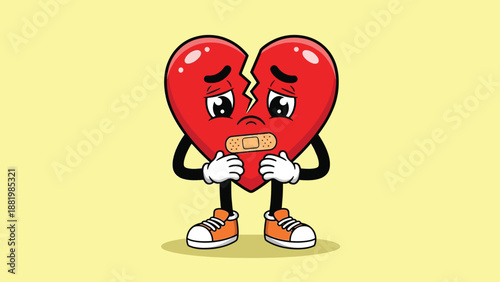 Sad Broken Heart Character with Bandages.