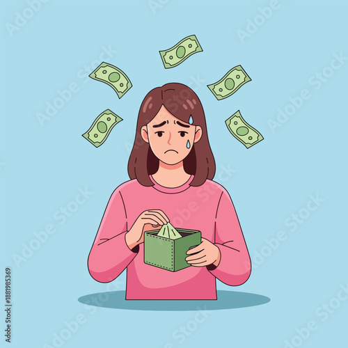 Sad woman looking into an empty wallet with money flying away symbolizing financial problems and poverty.