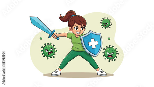 Young girl fighting off viruses with sword and shield.