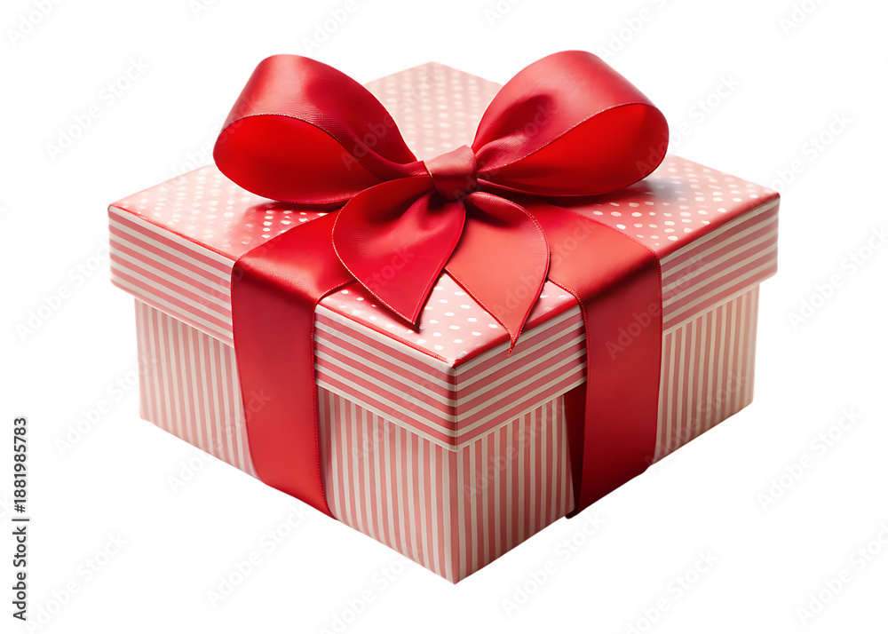 Obraz premium Red and white striped gift box with red bow on black background