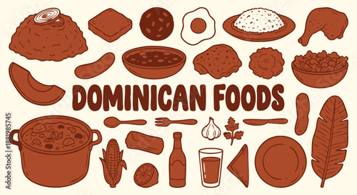 Dominican Foods Icon Set. Caribbean Cuisine. A hand drawn vector collection of sancocho, mofongo, tostones, rice and beans for a restaurant menu, travel guide, and cultural food illustration.