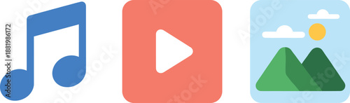 Set of three colorful flat media icons including music note video player and landscape gallery isolated on white background